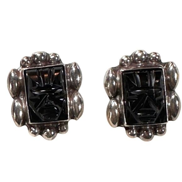 Mexican Sterling Silver Earrings with Black Onyx Carved Faces - Very Old Vintage - Picture 1 of 6